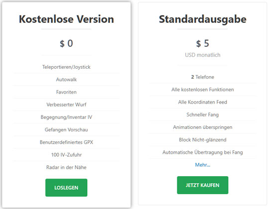 PGSharp Free und Standard Version im Vergleich