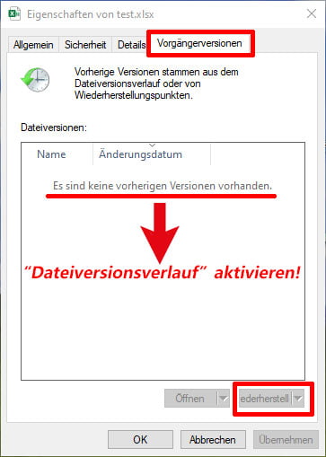 Excel-Datei mit Dateiversionsverlauf wiederherstellen