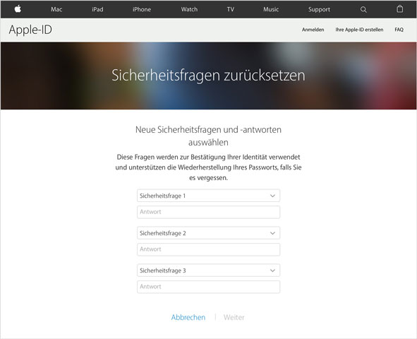 Apple-ID Sicherheitsfragen zurücksetzen