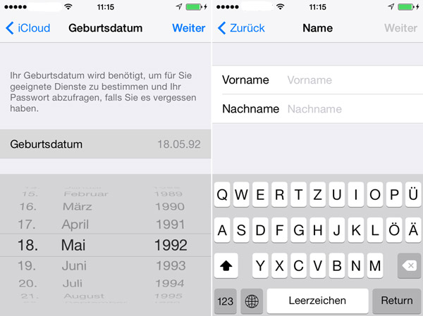 Informationen zum Erstellen des iCloud Accounts eingeben