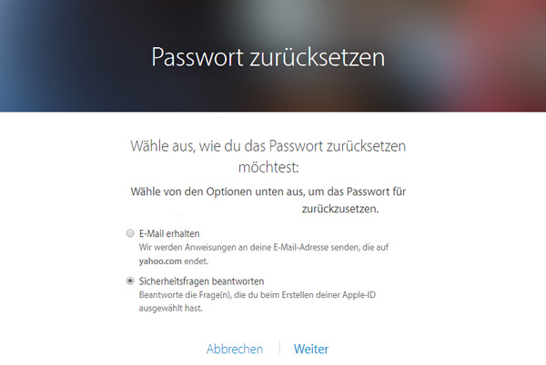 Sicherheitsfragen zum Zurücksetzen des iCloud Passworts beantworten