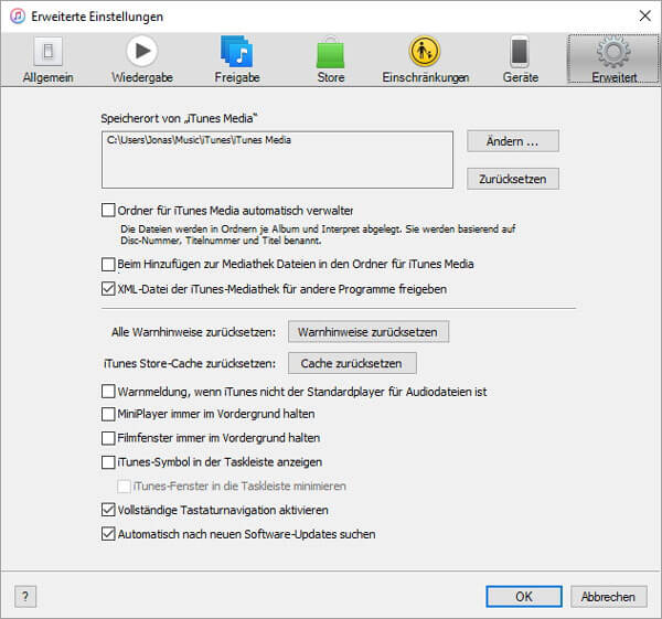 iTunes-Mediathek als XML-Datei speichern