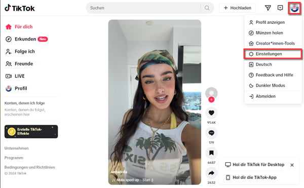 Anmeldung auf TikTok Website